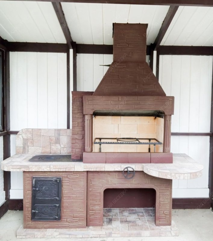 Печь № 20А — Печь Барбекю с большой топкой и печью под казан (фактура под кирпич)