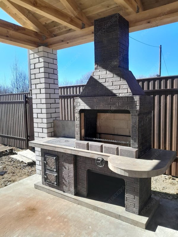 Печь № 20А — Печь Барбекю с большой топкой и печью под казан (фактура под кирпич)